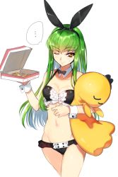 Rule 34 | ..., 1girl, ;), ;3, animal ears, bare legs, bare shoulders, bow, bowtie, breasts, rabbit ears, c.c., cheese-kun, cleavage, code geass, cowboy shot, creayus, crop top, detached collar, fake animal ears, female focus, food, frilled croptop, frills, green hair, holding, legs, long hair, looking at viewer, midriff, navel, one eye closed, pizza, pizza box, revealing clothes, revision, simple background, smile, solo, spoken ellipsis, standing, stuffed toy, sweat, sweatdrop, twitter username, white background, wink, wrist cuffs