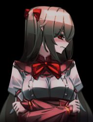Rule 34 | 1girl, black background, blurry, blush, bow, bowtie, breasts, brown hair, closed mouth, commentary, crossed arms, embarrassed, frilled shirt, frills, hair bow, high-waist skirt, juliet sleeves, layered sleeves, long hair, long sleeves, looking away, looking to the side, makaroll, medium breasts, official alternate costume, phantom rose, pink skirt, pink sleeves, pointy ears, profile, puffy sleeves, red bow, red bowtie, red eyes, reina (phantom rose), shirt, sidelocks, simple background, skirt, solo, underbust, upper body, very long hair, wavy mouth, white shirt