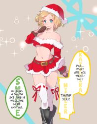 Rule 34 | 1girl, belt, blonde hair, blue eyes, boots, breasts, brown gloves, christmas, cleavage, detached sleeves, gloves, hard-translated, hat, kazahi tsubame, lace-up thighhighs, looking at viewer, metal gear (series), metal gear solid: peace walker, midriff, miniskirt, over-kneehighs, paz ortega andrade, red skirt, santa costume, santa hat, short hair, skirt, small breasts, solo, sparkle, strapless, thighhighs, third-party edit, translated, tube top, wavy hair, white thighhighs
