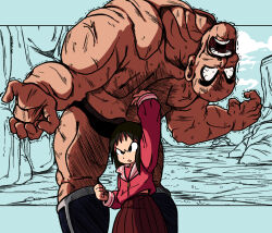 Rule 34 | 1boy, 1girl, angry, arm up, bald, black eyes, black hair, brown hair, constricted pupils, crossover, defeat, dragon ball, dragonball z, eye veins, fighting, height difference, kasuga ayumu, long hair, muscular, muscular male, nappa, open mouth, school uniform, skirt, summer uniform, wide-eyed, woolskullman