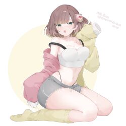 Rule 34 | 1girl, absurdres, blush, breasts, brown hair, cleavage, collarbone, commentary request, commission, green eyes, grey shorts, hair ornament, highleg, highleg panties, highres, jacket, looking at viewer, medium breasts, multicolored clothes, multicolored jacket, mz mz, navel, open mouth, original, panties, pink jacket, short shorts, shorts, simple background, sitting, skeb commission, smile, socks, solo, tank top, thighs, two-tone jacket, underwear, wariza, white background, white tank top, yellow jacket, yellow socks