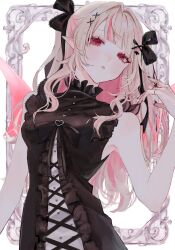 Rule 34 | 1girl, bare shoulders, black dress, black nails, black ribbon, breasts, cross-laced clothes, cross-laced dress, dress, expressionless, fingernails, grey hair, hair ornament, hair ribbon, highres, jewelry, long fingernails, long hair, looking at viewer, makaino ririmu, multicolored hair, nijisanji, parted lips, pink hair, pointy ears, red eyes, ribbon, ring, ros eh, sleeveless, sleeveless dress, small breasts, solo, streaked hair, two-tone hair, upper body, virtual youtuber, x hair ornament