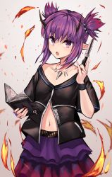 Rule 34 | 1girl, arknights, black shirt, book, commentary, fire, grey background, hair between eyes, hand up, highres, holding, holding book, holding knife, holding weapon, horns, jewelry, knife, kuronosu (yamada1230), lava (arknights), layered skirt, looking at viewer, navel, necklace, pointy ears, purple eyes, purple hair, purple skirt, ring, shirt, short hair, short sleeves, skirt, solo, twintails, weapon