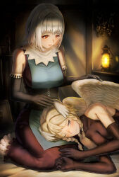 Rule 34 | 2girls, absurdres, angel, angel wings, bare shoulders, blonde hair, blush, corset, detached sleeves, hand on another&#039;s head, hand on another&#039;s wing, highres, isome, lantern, lap pillow, looking at another, looking down, multiple girls, ochlys (unicorn overlord), one eye closed, open mouth, sharon (unicorn overlord), smile, unicorn overlord, white hair, wings, yuri
