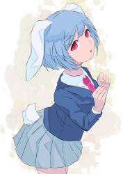 Rule 34 | 1girl, :o, an-chan (ananna0315), animal ears, ass, blue hair, blue jacket, clenched hands, commentary request, cowboy shot, floppy ears, from side, grey skirt, hands up, highres, jacket, leaning forward, looking at viewer, necktie, open mouth, pleated skirt, rabbit ears, rabbit girl, rabbit tail, red eyes, red necktie, reisen (touhou bougetsushou), short hair, simple background, skirt, solo, standing, suit jacket, swept bangs, tail, tareme, touhou, white background