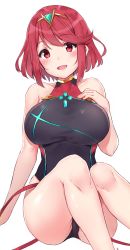 Rule 34 | 1girl, black one-piece swimsuit, breasts, competition swimsuit, covered navel, earrings, fingerless gloves, gloves, headpiece, highres, jewelry, large breasts, minikon, navel, nintendo, one-piece swimsuit, pyra (pro swimmer) (xenoblade), pyra (xenoblade), red eyes, red hair, short hair, sidelocks, simple background, solo, swept bangs, swimsuit, tiara, xenoblade chronicles (series), xenoblade chronicles 2