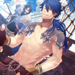 Rule 34 | 2boys, abs, armor, beard, black hair, blue hair, bracelet, character name, collarbone, copyright name, cosplay, costume switch, cu chulainn (fate), cu chulainn (fate) (all), cu chulainn (fate/prototype), cu chulainn (fate/prototype) (cosplay), earrings, edward teach (fate), edward teach (fate) (cosplay), facial hair, fate/grand order, fate/prototype, fate (series), fingerless gloves, fur trim, gloves, grin, jewelry, long hair, looking at viewer, male focus, multiple boys, mustache, one eye closed, ponytail, red eyes, smile, topless male, yu (8dgc4mfc)