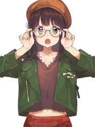 Rule 34 | 1girl, :o, beret, blush, borrowed character, bow, brown-framed eyewear, brown eyes, brown hair, brown hat, brown nails, brown shirt, character name, collarbone, commentary request, fingernails, glasses, green jacket, hat, highres, jacket, long hair, long sleeves, looking at viewer, midriff peek, nanase kurumi (menhera-chan), navel, open clothes, open jacket, open mouth, original, pomu (joynet), red skirt, shirt, simple background, skirt, solo, white background, white bow