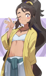 Rule 34 | 1girl, :3, bandeau, black hair, blush, breasts, clothes around waist, coat, commentary, dark-skinned female, dark skin, do it yourself!!, gazacy (dai), highres, kouki kokoro, long hair, long sleeves, looking at viewer, one eye closed, open clothes, open coat, ponytail, purple eyes, sidelocks, simple background, small breasts, solo, very long hair, waving, white bandeau, yellow coat