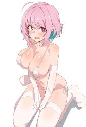 Rule 34 | 1girl, absurdres, bikini, blush, breasts, choker, cleavage, covered erect nipples, elbow gloves, fang, gloves, highres, idolmaster, idolmaster cinderella girls, large breasts, micro bikini, multicolored hair, open mouth, pink eyes, pink hair, seihekiog, simple background, sitting, solo, swimsuit, thighhighs, white background, white bikini, yumemi riamu