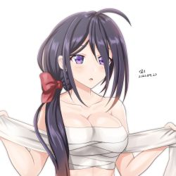 Rule 34 | 1girl, ahoge, ariake (kancolle), bare shoulders, black hair, breasts, chest sarashi, cleavage, dated, hair over one eye, hair over shoulder, kantai collection, long hair, low ponytail, medium breasts, purple eyes, sarashi, signature, simple background, solo, tk8d32, upper body, white background