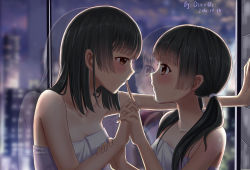Rule 34 | 2girls, absurdres, backlighting, bare arms, bare shoulders, black hair, blunt bangs, blurry, blush, brown eyes, building, city, city lights, collarbone, commentary request, dated, depth of field, dusk, evening, eye contact, face-to-face, finger to another&#039;s mouth, from side, hair over shoulder, hair tie, half-closed eyes, hand on another&#039;s arm, hand on wall, hand up, highres, holding hands, index finger raised, indoors, interlocked fingers, long hair, looking at another, low twintails, multiple girls, naked towel, original, outstretched arm, parted lips, qi==qi, reflection, signature, skyscraper, straight hair, towel, twilight, twintails, upper body, white towel, window, yuri