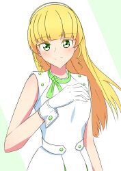 Rule 34 | 1girl, absurdres, blonde hair, blunt bangs, blush, closed mouth, commentary, dress, gloves, green eyes, hairband, heanna sumire, highres, long hair, looking at viewer, love live!, love live! superstar!!, sleeveless, sleeveless dress, solo, tabi139, upper body, white background, white dress, white gloves, white hairband, wish song (love live!), wrist cuffs