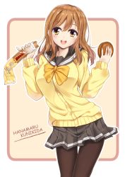 Rule 34 | 1girl, :d, black pantyhose, black skirt, blush, bow, bowtie, brown hair, burger, character name, contrapposto, cowboy shot, food, fule, highres, holding, holding food, kunikida hanamaru, long hair, long sleeves, looking at viewer, love live!, love live! sunshine!!, open mouth, outline, pantyhose, pleated skirt, round teeth, school uniform, serafuku, simple background, skirt, smile, solo, standing, sweater, tareme, teeth, w arms, white outline, yellow background, yellow bow, yellow bowtie, yellow eyes
