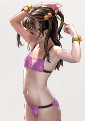 Rule 34 | 1girl, absurdres, adjusting hair, armpits, arms up, bikini, black hair, blush, bracelet, brown eyes, copyright request, cowboy shot, flat chest, grey background, hair bobbles, hair ornament, hair tie, highres, holding, holding own hair, jewelry, mouth hold, murata range, navel, pink bikini, realistic, simple background, skindentation, solo, standing, stomach, swimsuit, tan, twintails, two side up, tying hair