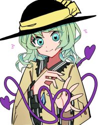Rule 34 | 1girl, absurdres, aqua eyes, black hat, blouse, buttons, closed mouth, commentary, diamond button, fingernails, frilled shirt collar, frilled sleeves, frills, green hair, green nails, hand on own chest, hands up, hat, hat ribbon, heart, heart of string, highres, komeiji koishi, long sleeves, looking at viewer, medium hair, mizoreshi, nail polish, notice lines, one-hour drawing challenge, open hand, ribbon, shirt, simple background, smile, solo, split mouth, touhou, upper body, v-shaped eyebrows, white background, wide sleeves, yellow ribbon, yellow shirt