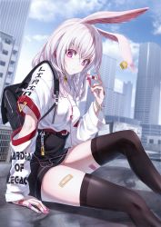 Rule 34 | 1girl, animal ears, arm support, bae.c, bandaid, black skirt, black thighhighs, blue sky, blurry, breasts, building, cityscape, closed mouth, cloud, day, depth of field, ear tag, earphones, hand up, high-waist skirt, highres, holding, jewelry, knee up, lirin (bae.c), long hair, long sleeves, looking at viewer, medium breasts, miniskirt, nail polish, original, outdoors, pink nails, purple eyes, rabbit ears, ring, shirt, shirt tucked in, sitting, skirt, sky, skyscraper, slit pupils, solo, thighhighs, white hair, white shirt, zettai ryouiki