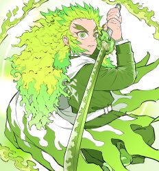 Rule 34 | 1boy, alternate color, belt, bright pupils, fiery hair, fire, fire, green eyes, green fire, green hair, green theme, highres, holding, holding sword, holding weapon, katana, kimetsu no yaiba, light green hair, long hair, looking at viewer, male focus, nepidowore, parted lips, rengoku kyoujurou, solo, sword, weapon, white pupils