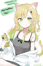 Rule 34 | 1girl, absurdres, animal ears, bare shoulders, black camisole, blonde hair, breasts, camisole, cat ears, cat girl, cat tail, cellphone, cleavage, commentary request, green eyes, green hair, hair ornament, hairclip, highres, holding, holding phone, jacket, looking at viewer, multicolored hair, noko (nco029685627), original, phone, sidelocks, sleeveless, smartphone, solo, spaghetti strap, strap slip, streaked hair, tail, upper body, white jacket, zipper pull tab