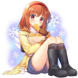 Rule 34 | 1girl, angel, argyle, argyle background, argyle clothes, argyle socks, backpack, bag, black footwear, blue shorts, boots, brown hair, brown mittens, commentary request, food, full body, hairband, kanon, kneehighs, long sleeves, looking at viewer, mittens, nakamura hinato, red eyes, ribbed sweater, school uniform, short hair, shorts, sitting, snowflake background, socks, solo, sweater, taiyaki, tsukimiya ayu, wagashi, white background, white sweater