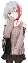 Rule 34 | 1girl, admiral graf spee (azur lane), admiral graf spee (peaceful daily life) (azur lane), aran sweater, azur lane, bare shoulders, black choker, black skirt, blue eyes, blush, brown pantyhose, brown sweater, cable knit, choker, closed mouth, clothing cutout, collarbone, commentary request, cowboy shot, grey hair, hand up, highres, long sleeves, looking at viewer, mashimaru (muzikluva), multicolored hair, pantyhose, pleated skirt, red hair, shoulder cutout, simple background, skirt, sleeves past fingers, sleeves past wrists, solo, streaked hair, sweater, white background
