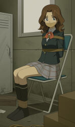 1girl absurdres ankle_socks arms_behind_back bdsm blue_eyes bondage bound bound_legs brown_hair gag highres improvised_gag medium_hair meitantei_conan on_chair pleated_skirt restrained shibari shibari_over_clothes sitting skirt socks tape tape_gag wo_cao_xiao