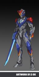 Rule 34 | 1boy, 3ok, absurdres, alternate color, alternate universe, armor, artist name, black armor, gauntlets, highres, holding, holding sword, holding weapon, knight timbre, leg armor, male focus, official alternate color, standing, sword, ultra series, ultraman (hero&#039;s comics), ultraman ginga s, ultraman suit, ultraman victory, ultraman victory knight, weapon, yellow eyes