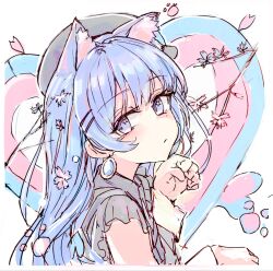 Rule 34 | 1girl, animal ear fluff, animal ears, beret, black hat, black skirt, blue eyes, blue hair, blush, border, cat ears, cherry blossoms, closed mouth, commentary, earrings, eyelashes, falling petals, flower, frilled sleeves, frills, hair flower, hair ornament, hands up, hat, head tilt, highres, hololive, hoshimachi suisei, jewelry, karyln, looking at viewer, official alternate costume, paw pose, paw print, petals, portrait, romaji commentary, short sleeves, sketch, skirt, solo, star (symbol), star in eye, symbol in eye, upper body, virtual youtuber, white border