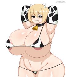 Rule 34 | 1girl, absurdres, animal print, areola slip, armpits, arms behind head, arms up, artist name, bell, bikini, black eyes, blonde hair, blush, breasts, cleavage, cow horns, cow print, cow print bikini, cowbell, curvy, elbow gloves, gigantic breasts, gloves, groin, heart, heart-shaped pupils, highres, horns, huge breasts, looking at viewer, mole, mole on breast, mole under mouth, naughty face, navel, original, plump, print bikini, short hair, skindentation, solo, stomach, swimsuit, symbol-shaped pupils, thick thighs, thighs, tongue, tongue out, v1llain, white background, wide hips