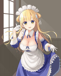 Rule 34 | 1girl, alternate costume, apron, blonde hair, breasts, cleavage, clothes lift, commentary request, detached collar, double bun, dress, dress lift, enmaided, fletcher (kancolle), gloves, highres, kantai collection, kuronaga, large breasts, long hair, maid, maid apron, maid headdress, open mouth, solo, speech bubble, white gloves