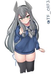 Rule 34 | 1girl, black thighhighs, blue dress, bow, dress, green eyes, grey hair, hair bow, hair ribbon, headgear, i-47 (kancolle), kantai collection, long hair, low-tied long hair, one-hour drawing challenge, ribbon, sailor collar, sidelocks, simple background, solo, sweater, sweater dress, tf cafe, thighhighs, tress ribbon, twitter username, white background, white sailor collar