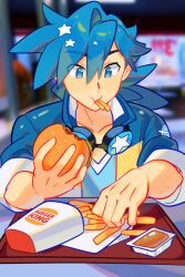 Rule 34 | 1boy, absurdres, blue eyes, blue hair, blue jacket, blurry, burger, burger king, commentary, constellor, depth of field, english commentary, food, food in mouth, french fries, goggles, goggles around neck, highres, holding, holding burger, holding food, jacket, male focus, original, orion starlor, sauce, sleeves rolled up, solo, table, tray, upper body
