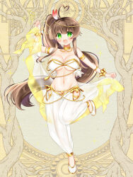 Rule 34 | 1girl, :d, ahoge, arm up, bare shoulders, blush, breasts, brown hair, cleavage, feather hair ornament, feathers, full body, green eyes, groin, hair ornament, harem outfit, harem pants, heart, heart ahoge, highres, holding, kerberos blade, large breasts, long hair, looking at viewer, navel, open mouth, pants, puffy pants, red feathers, see-through, shikito (yawa0w0), shoes, side ponytail, smile, solo, standing, standing on one leg, very long hair, white footwear