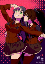 Rule 34 | 10s, 2girls, ascot, black hair, blue eyes, brown hair, chameleon (ryokucha combo), collared shirt, epaulettes, green eyes, grin, hair ornament, halftone, halftone background, hand on another&#039;s stomach, hand on own head, holding another&#039;s arm, holding hands, holding own arm, kantai collection, kumano (kancolle), long hair, looking at viewer, military, military uniform, miniskirt, multiple girls, ponytail, shirt, signature, skirt, smile, suzuya (kancolle), thighhighs, uniform, very long hair, yuri
