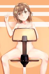 Rule 34 | 1girl, blush, bokoboko, brown eyes, brown hair, chair censor, closed mouth, commentary request, completely nude, convenient censoring, embarrassed, flower, groin, hair flower, hair ornament, hand up, highres, legs, looking at viewer, medium hair, misaka mikoto, nude, sitting, solo, spread legs, straddling, thighs, toaru kagaku no railgun, toaru majutsu no index, v
