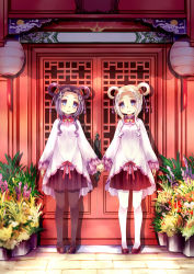 Rule 34 | 2girls, 54hao, black legwear, blue eyes, blush, brown footwear, closed mouth, commentary request, door, dress, flower, hair flower, hair intakes, hair ornament, hair rings, head tilt, highres, holding hands, loafers, long hair, long sleeves, looking at viewer, multiple girls, original, outdoors, pantyhose, pigeon-toed, plant, pleated skirt, potted plant, purple hair, purple skirt, red ribbon, red skirt, ribbon, shoes, siblings, side-by-side, sidelocks, sisters, skirt, smile, standing, twins, white dress, white hair, white legwear, wide sleeves, x hair ornament