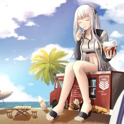 Rule 34 | 1girl, ak-12 (age of slushies) (girls&#039; frontline), ak-12 (girls&#039; frontline), artist request, bandaged foot, bandages, beach, blue sky, breasts, chair, closed eyes, cloud, collarbone, commentary, commission, eating, food, food truck, giant, giantess, girls&#039; frontline, heel-less heels, highres, holding, jacket, medium breasts, motor vehicle, official alternate costume, open clothes, open jacket, palm tree, ponytail, second-party source, shaved ice, shore, silver hair, sitting, sky, solo, surfboard, swimsuit, table, toeless footwear, toes, tree, truck, umbrella