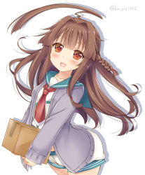 Rule 34 | 10s, 1girl, ahoge, blush, box, brown eyes, brown hair, kantai collection, ko yu, kuma (kancolle), long hair, looking at viewer, open mouth, school uniform, shorts, simple background, solo, white background