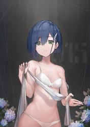 Rule 34 | 1girl, absurdres, blue flower, blue hair, bra, closed mouth, commentary, cowboy shot, darling in the franxx, english commentary, flower, flower request, green eyes, grey background, hair between eyes, hair ornament, hairclip, hand up, highres, hydrangea, ichigo (darling in the franxx), looking at viewer, neonbeat, panties, purple flower, short hair, solo, standing, underwear, underwear only, white bra, white panties