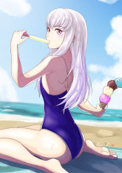 Rule 34 | 1girl, absurdres, beach, blue sky, cloud, day, fire emblem, fire emblem: three houses, food, highres, holding, ice cream cone, long hair, looking to the side, lysithea von ordelia, nintendo, one-piece swimsuit, outdoors, pink eyes, popsicle, sitting, sky, solo, sukkirito (rangusan), swimsuit, water, white hair