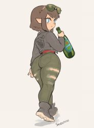 Rule 34 | ass, blue eyes, bottle, brand name imitation, brown hair, denim, eyewear on head, from behind, green pants, grey jacket, high tops, huge ass, jacket, jeans, pants, pointy ears, red shirt, sandcasks, shirt, short hair, sidelocks, sketch, smile, sneakers, sunglasses, thighs, tight clothes, tight pants, torn clothes, torn pants