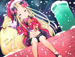 Rule 34 | abigail williams (fate), adapted costume, ankle lace-up, bell, black bow, black shorts, blonde hair, blue eyes, blush, bow, brick wall, bug, butterfly, chimney, commentary request, cross-laced footwear, dated, diagonal stripes, dress, falling star, fate/grand order, fate (series), forehead, fur-trimmed headwear, fur-trimmed sleeves, fur trim, hair bow, hat, highres, hugging object, insect, jingle bell, lace-trimmed shorts, lace trim, long hair, long sleeves, looking at viewer, merry christmas, navel, nololinolife, open fly, parted lips, pink bow, pink footwear, polka dot, polka dot bow, purple bow, purple dress, purple hat, sack, santa hat, shooting star, short shorts, shorts, signature, sitting, sleeves past wrists, snow, snowing, striped, stuffed animal, stuffed toy, teddy bear, very long hair