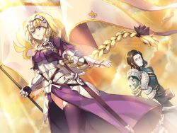 Rule 34 | 1boy, 1girl, armor, bad id, bad pixiv id, black eyes, black hair, black ribbon, black thighhighs, blonde hair, blue eyes, braid, capelet, fate/apocrypha, fate/grand order, fate (series), faulds, flag, fleur-de-lis, gauntlets, gilles de rais (caster) (fate), gilles de rais (saber) (fate), hair ribbon, headpiece, holding, holding flag, jeanne d&#039;arc (fate), jeanne d&#039;arc (ruler) (fate), long hair, looking at another, parted lips, pauldrons, pixiv id, ribbon, shoulder armor, single braid, smile, standard bearer, standing, thighhighs, tress ribbon, trianon, very long hair, watermark, web address