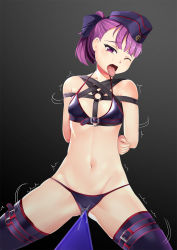 Rule 34 | 1girl, arms behind back, bdsm, bikini, black bikini, black thighhighs, bondage, bound, fate/grand order, fate (series), flat chest, harness, helena blavatsky (fate), helena blavatsky (swimsuit archer) (fate), highres, navel, one eye closed, open mouth, ponytail, purple eyes, purple hair, pussy juice, short hair, solo, spread legs, swimsuit, thighhighs, tongue, tongue out, wooden horse, yasume yukito