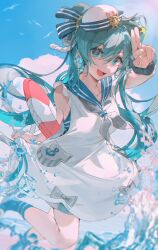 Rule 34 | 1girl, absurdres, anchor symbol, ankle socks, aqua eyes, aqua hair, arm at side, arm up, bare arms, bare legs, bare shoulders, bird, blue sailor collar, blue socks, breasts, cloud, cloudy sky, collarbone, dress, fingernails, hand up, hat, hatsune miku, highres, holding, holding clothes, holding dress, holding skirt, lifebuoy, long hair, looking at viewer, medium breasts, natsufuku miku, ocean, official alternate costume, open mouth, running, sailor collar, sailor dress, sailor hat, salute, scrunchie, skirt, skirt under dress, sky, sleeveless, smile, socks, solo, splashing, standing, striped, sunlight, swim ring, taito four seasons figure (vocaloid), twintails, two-finger salute, vocaloid, water, white dress, wrist scrunchie, z3zz4