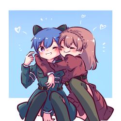 Rule 34 | 2girls, :t, aiguillette, animal ears, arm between legs, arms around neck, arms up, assault lily, belt, belt buckle, black belt, black thighhighs, blue background, blue jacket, blue skirt, blush, border, braid, breast pocket, buckle, cat ears, cheek-to-cheek, cheek press, closed mouth, crown braid, fake animal ears, feet out of frame, gradient background, grin, hair between eyes, hand up, heads together, heart, highres, invisible chair, ishikawa aoi, jacket, juliet sleeves, knee up, long hair, long sleeves, matsunaga yui, miniskirt, multiple girls, notice lines, one eye closed, outside border, parted lips, pleated skirt, pocket, puffy sleeves, purple eyes, red eyes, red skirt, school uniform, side-by-side, side ponytail, sitting, skirt, smile, teisuu, thighhighs, white border, yuri