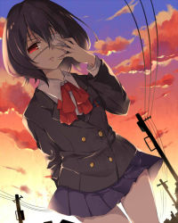 Rule 34 | 10s, 1girl, another, black hair, eyepatch, looking at viewer, misaki mei, oosuzu aoi, red eyes, school uniform, short hair, solo, sunset