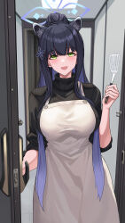Rule 34 | 1girl, animal ears, apron, black hair, black sweater, blue archive, blue halo, blunt bangs, blush, breasts, commentary request, green eyes, halo, hand up, highres, holding, holding paddle, indoors, jamgom, large breasts, long hair, looking at viewer, open mouth, opening door, paddle, ponytail, ribbed sweater, shun (blue archive), sidelocks, sleeves rolled up, smile, solo, sweater, turtleneck, turtleneck sweater