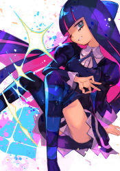 Rule 34 | 1girl, arm support, black dress, black thighhighs, blue eyes, blue hair, blue necktie, blue thighhighs, blunt bangs, bolo tie, breasts, bright pupils, collared shirt, colored inner hair, dress, feet out of frame, floating hair, hair ornament, heart, hungry clicker, invisible chair, juliet sleeves, long hair, long sleeves, looking at viewer, medium breasts, multicolored clothes, multicolored dress, multicolored hair, multicolored legwear, necktie, one eye closed, open mouth, panties, panty &amp; stocking with garterbelt, pantyshot, pink hair, puffy sleeves, purple panties, shirt, short dress, sitting, smile, solo, sparkle, splatter, stocking (psg), straight hair, striped clothes, striped thighhighs, teeth, thighhighs, thighhighs pull, underwear, very long hair, white background, white dress, white pupils, white shirt, wide sleeves
