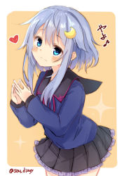 Rule 34 | 1girl, black sailor collar, black skirt, blue eyes, blue hair, blue shirt, blush, brown background, closed mouth, commentary request, crescent, crescent hair ornament, frilled skirt, frills, hair between eyes, hair ornament, hands up, heart, kantai collection, long hair, long sleeves, looking at viewer, pleated skirt, sailor collar, school uniform, serafuku, shirt, short hair with long locks, sidelocks, skirt, sleeves past wrists, solo, sou (soutennkouchi), sparkle, translation request, twitter username, two-tone background, white background, yayoi (kancolle)